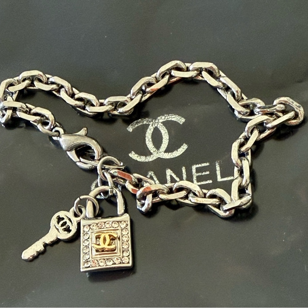 Silver and Gold Chain Bracelet with Key and Lock Charm